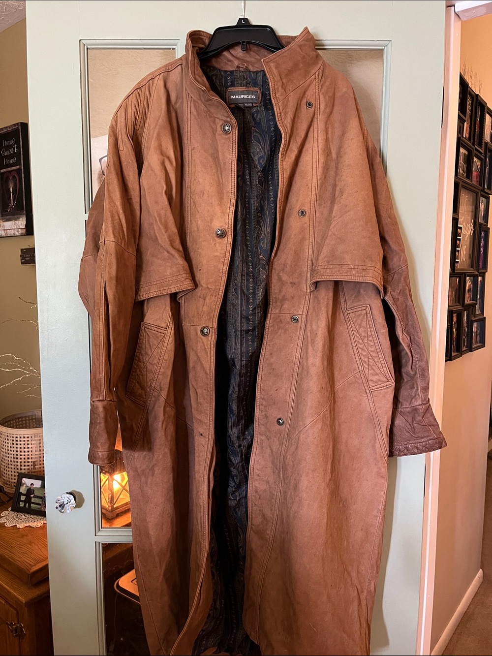 Women’s Maurices Brown Leather Duster-Style Trench Coat with Paisley Lining